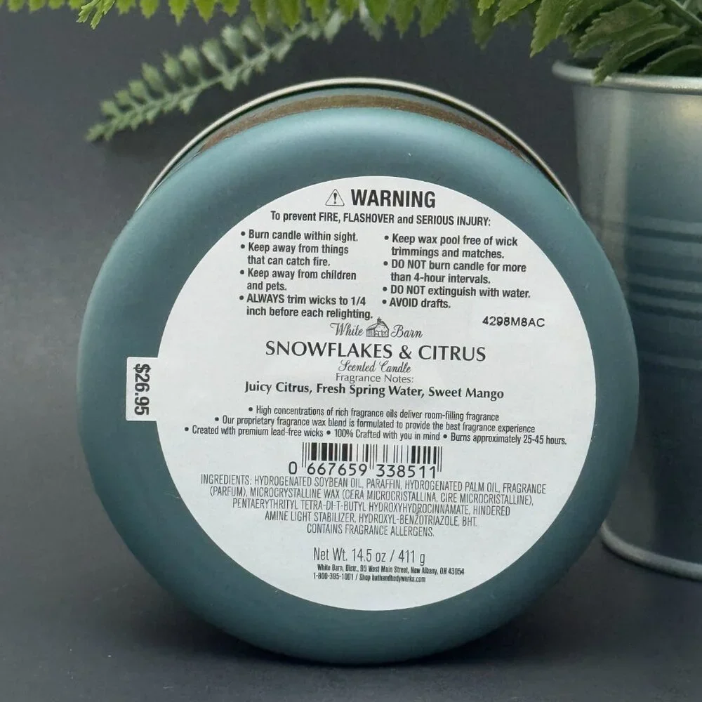 BBW Snowflakes & Citrus White Barn Bath & Body Works 3 Wick Candle